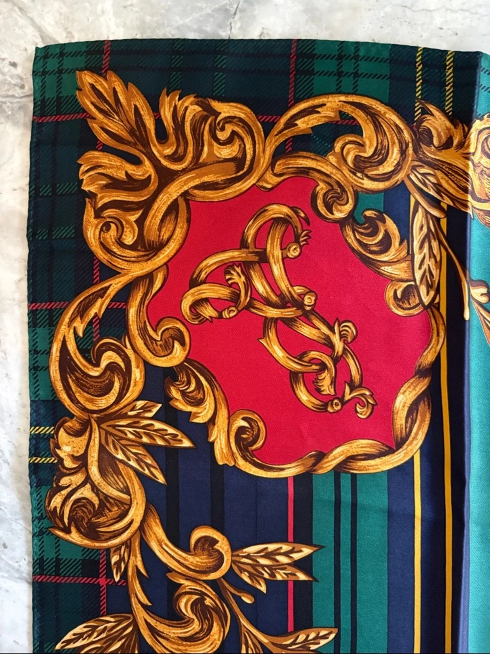 Vintage Ralph Lauren Gold and Red Double Lion Silk Scarf — Gold,NavyRed & Green